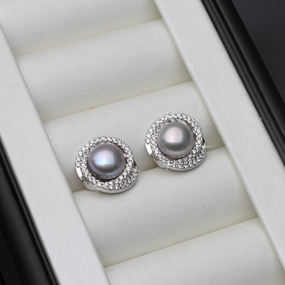 Genuine Simulated Diamond & Freshwater Pearl Swirl Stud Earrings-4
